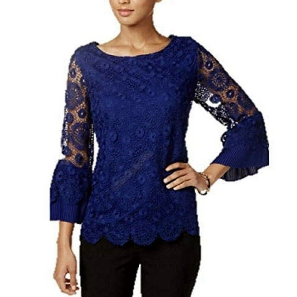 NWT Charter Club Woman Bell Sleeve Lace Top 3X Scalloped Hem Sapphire Blue